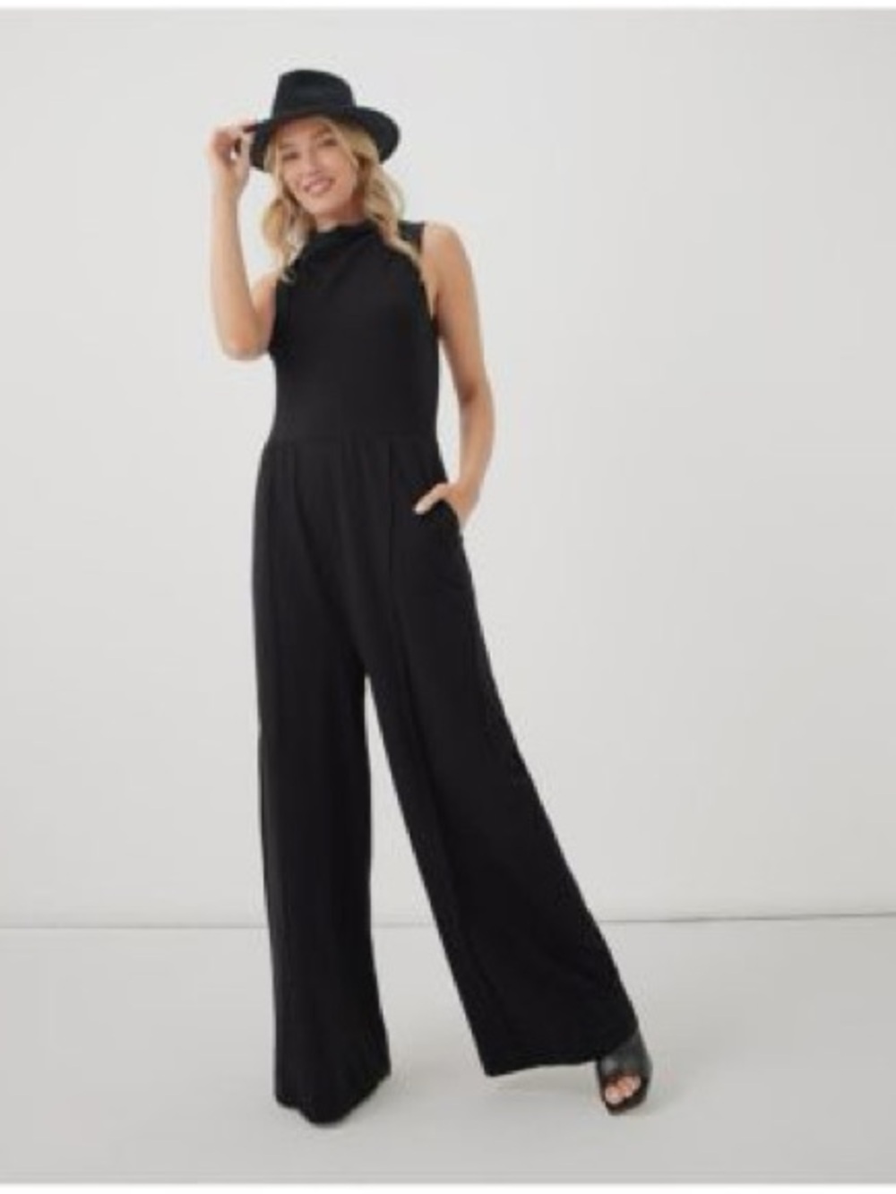 Pact Black Sleeveless High-Neck Wide-Leg Jumpsuit | Large